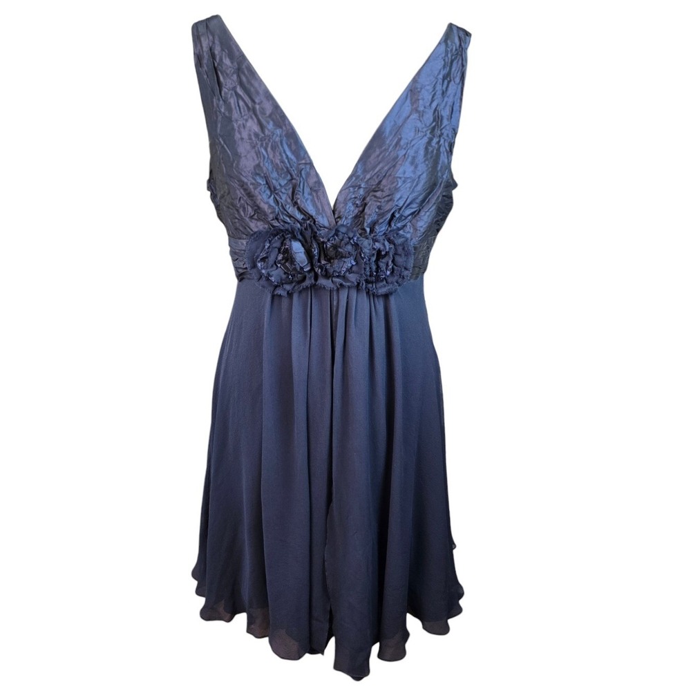 Rickie Freeman for Teri Jon 100% Silk Dress Navy Blue Rosette Waist Size 12